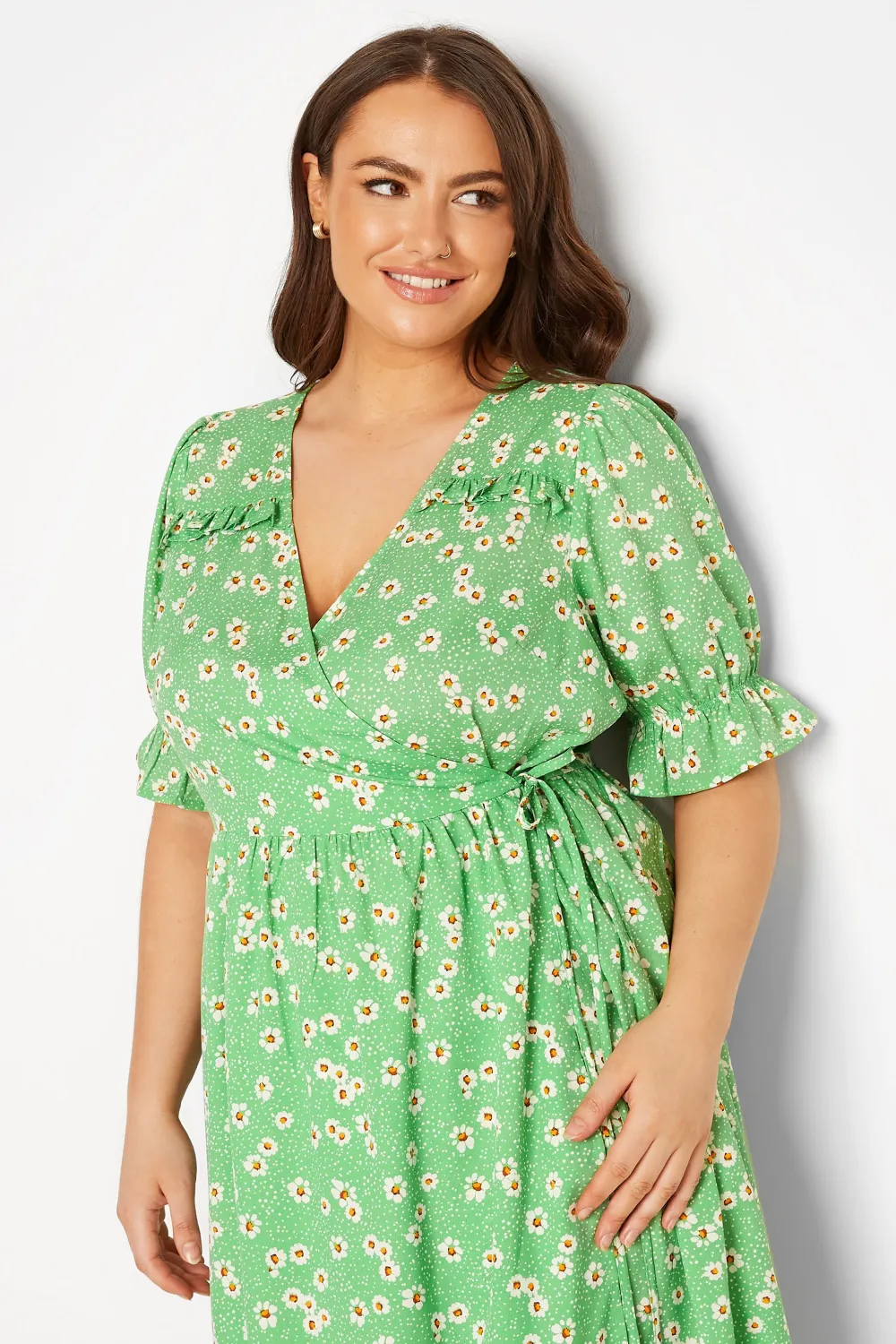 YOURS Curve Green Daisy Print Frill Sleeve Wrap Dress