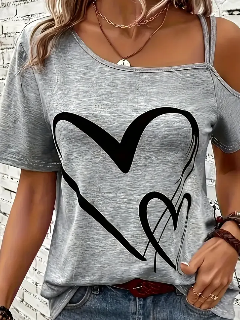 Heart Print Slant Shoulder T-shirt, Casual Short Sleeve Top For Spring & Summer, Women's Clothing