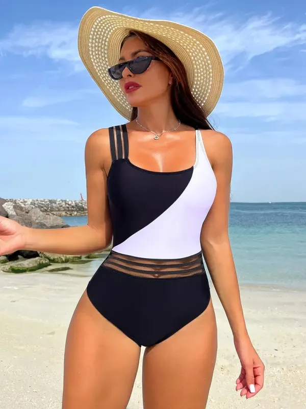 Contrast Color One-piece Swimsuit - High Cut Bathing Suits - Women's Swimwear & Clothing - For Summer Beach & Pool - For Women - Perfect for Fashionable Swimmers - Ideal Gift for Summer
