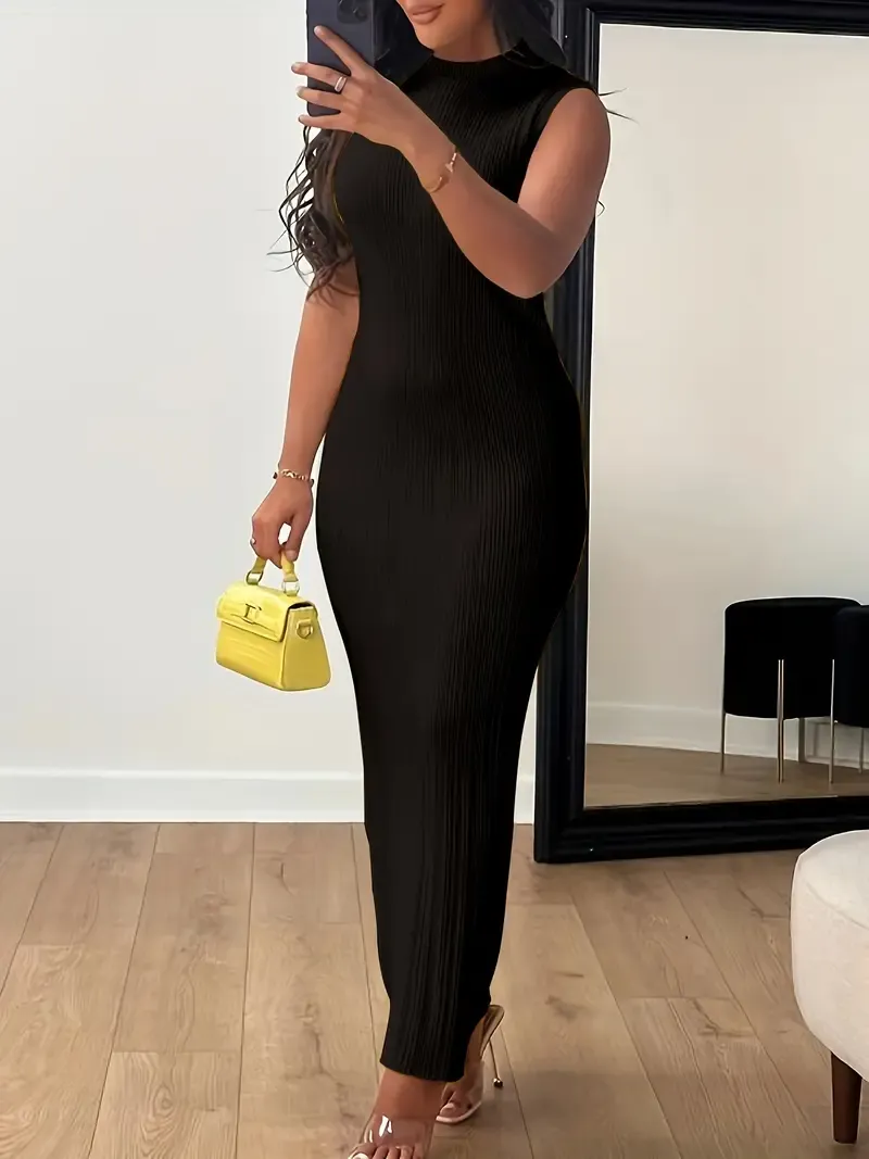 Women's Summer 2023 Fashion Casual Knit Sleeveless Crew Neck Bodycon Pencil Dress, Polyester 95% Spandex 5%, Solid Color Long Length Skinny Fit