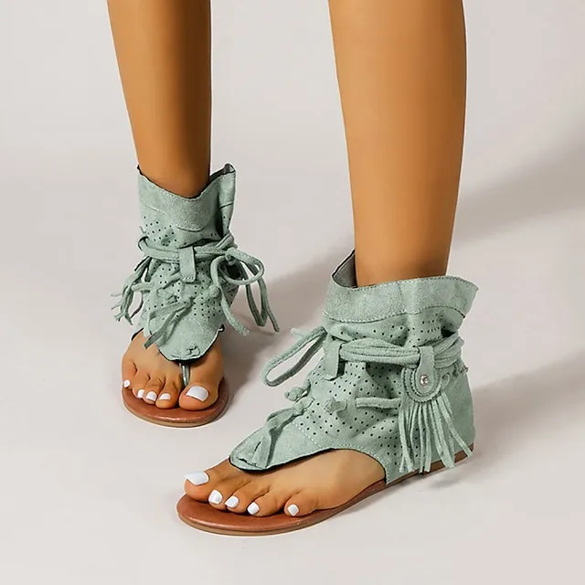 Women's Sandals Flat Sandals Gladiator Sandals Roman Sandals Outdoor Daily Beach Summer Lace-up Flat Heel Open Toe Vintage Casual Canvas Synthetics Loafer Solid Color Solid Colored Black Yellow Brown