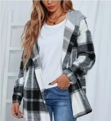Plaid pattern open front casual sweater