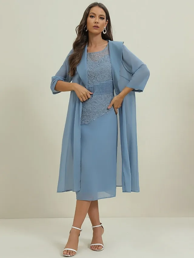 Women's Lace Dress Dress Set Wedding Guest Dress Midi Dress Dusty Blue Green 3/4 Length Sleeve Pure Color Lace up Summer Spring Fall Crew Neck Elegant Party Wedding Guest 2023 S M L XL 2XL 3XL