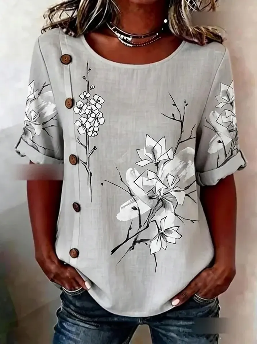 Women's Nashville Floral Sketch Printed Button-Decorated Top