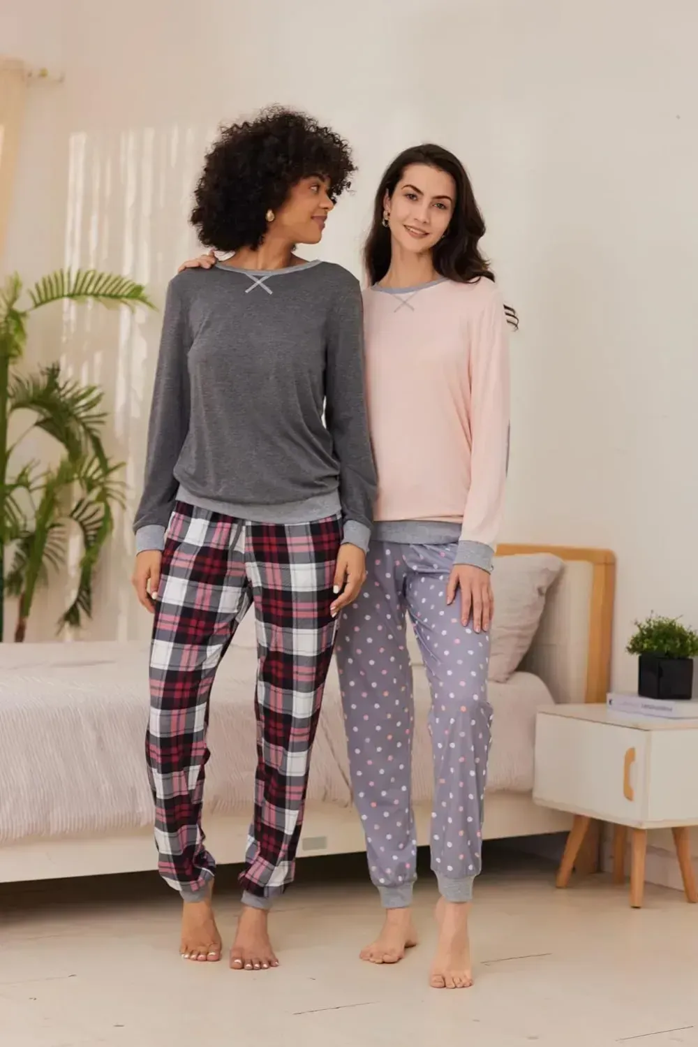 Women's Pajamas Sets Long Sleeve with Plaid Pants Soft Sleepwear O Neck 2 Piece Pjs Joggers Loung Set with Pockets