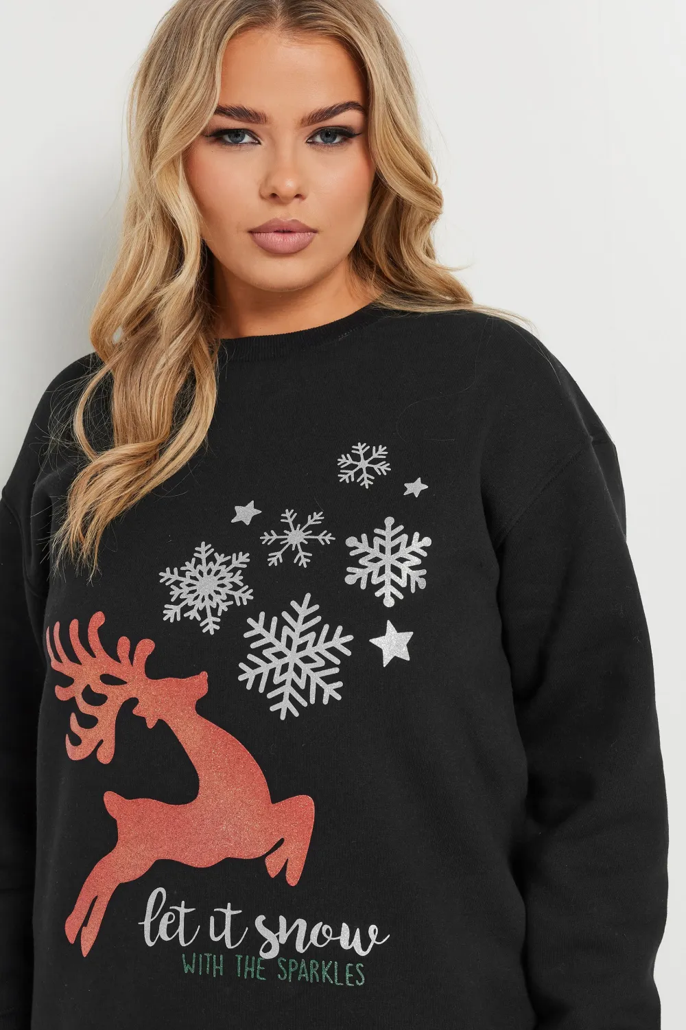 YOURS Curve Black 'Let It Snow' Reindeer Print Sweatshirt