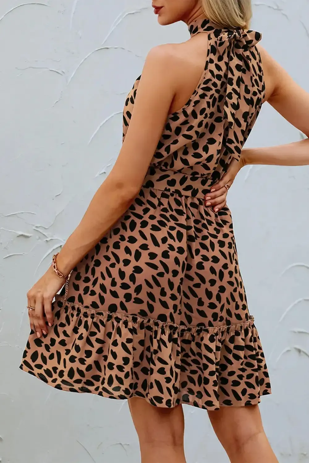 Halter Neck Summer Loose Sleeveless  Ruffle Belt Boho Floral Dress