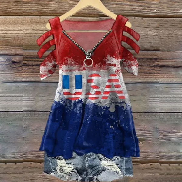 Women's Usa Flag Print V Neck T-shirt