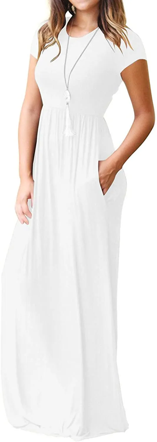 Women's Short Sleeve Loose Plain Maxi Dresses Casual Long Dresses with Pockets