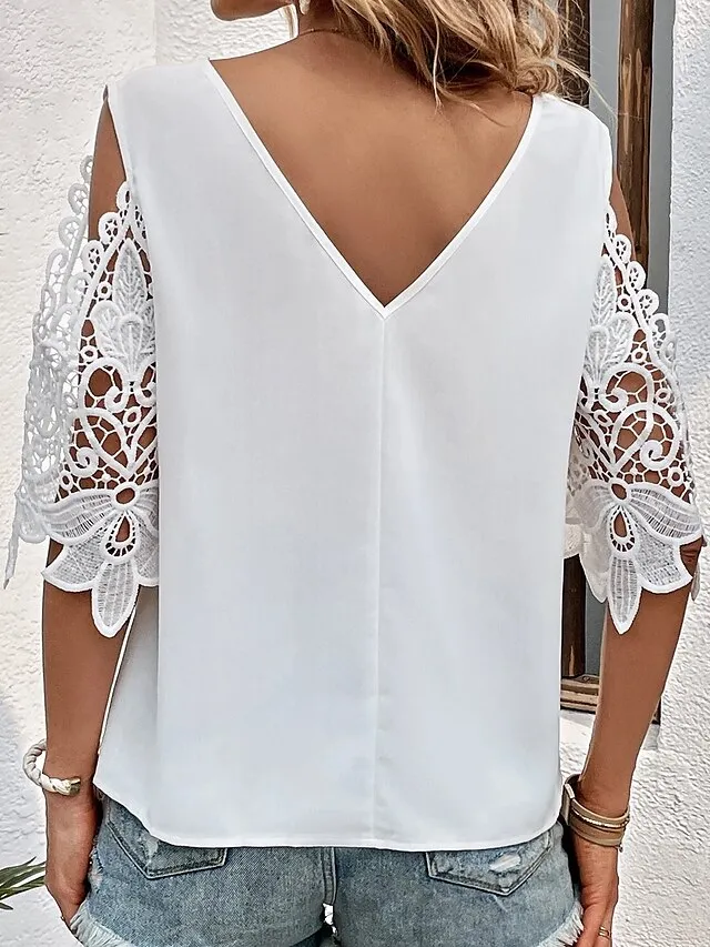 Women's Blouse White Pink Blue Plain Lace Cut Out Half Sleeve Daily Weekend Fashion Basic Elegant V Neck Regular Fit