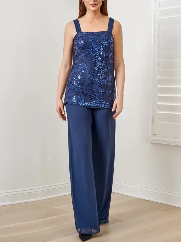 Suit Sequined Chiffon Embroidered Top + Chiffon Long Pants