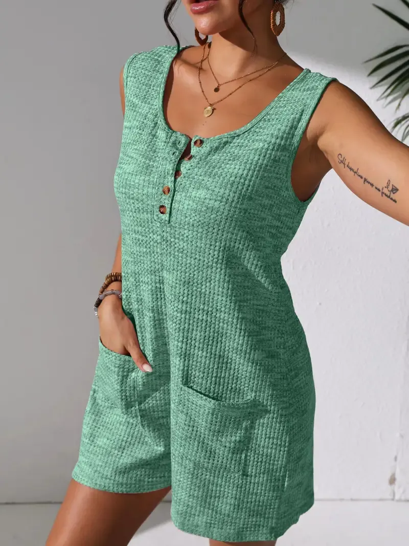 New Summer Casual Women'S Jumpsuit with Vibrant Waffle Texture, Stylish Sleeveless Tank Top, Pockets, And Buttoned Shorts.