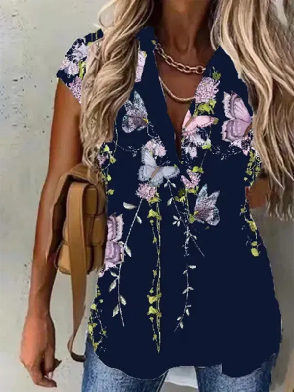 Collar Floral Vacation Blouse