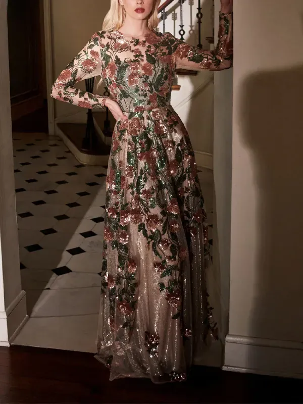 Lace Long Sleeve Printed Maxi Dress