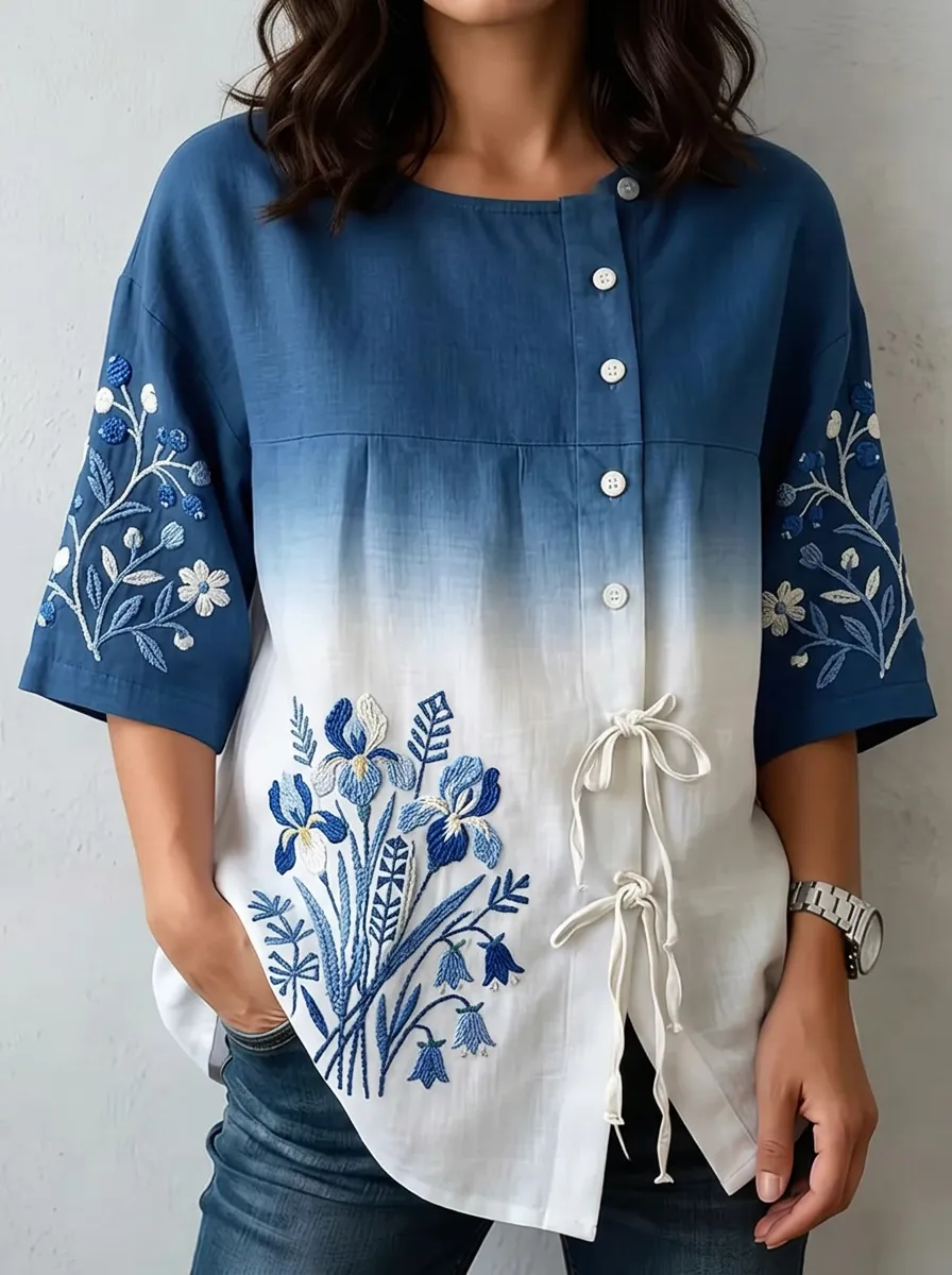 Women's Nashville Floral Iris Embroidered Ombre Printed Top