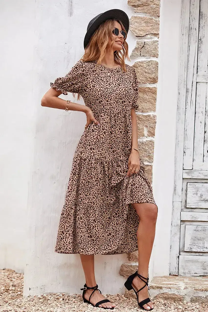 Floral Print Ruffle Puff Sleeve High Waist Midi Dresses