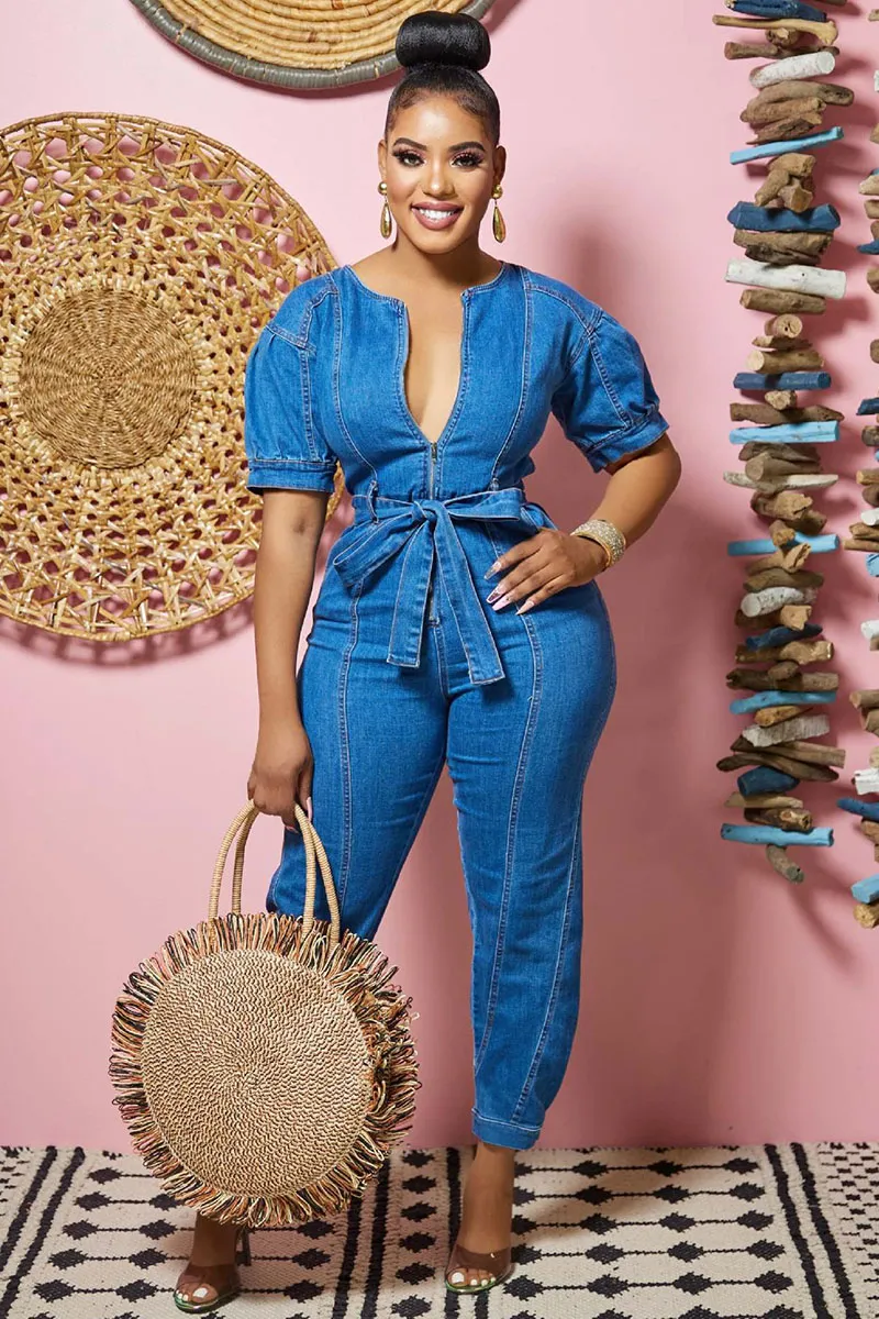 Deep V Neck Denim Puff Sleeve Belted Tapered Jumpsuit