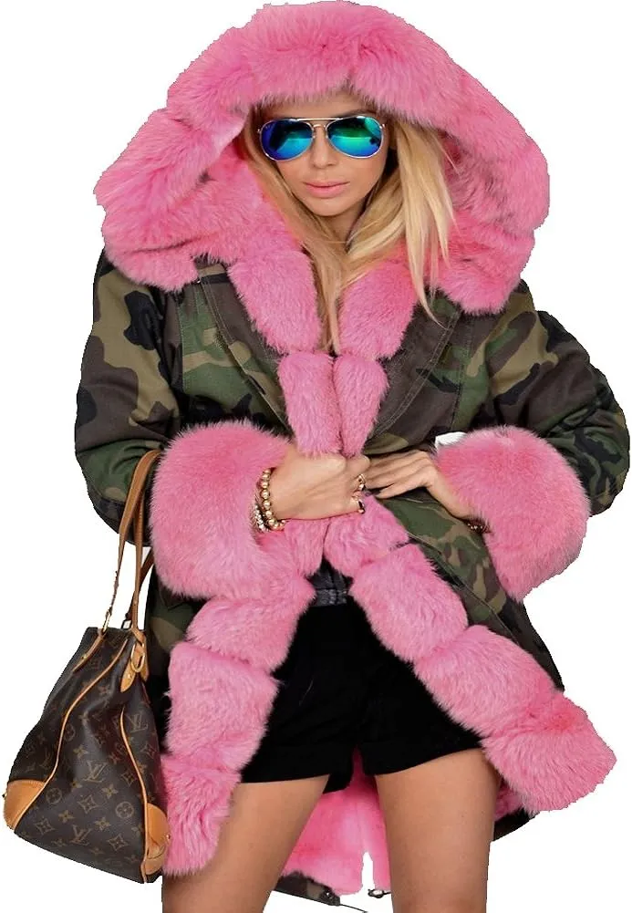 Womens Hooded Camouflage Warm Winter Coats Faux Fur Jacket Parka Overcoat