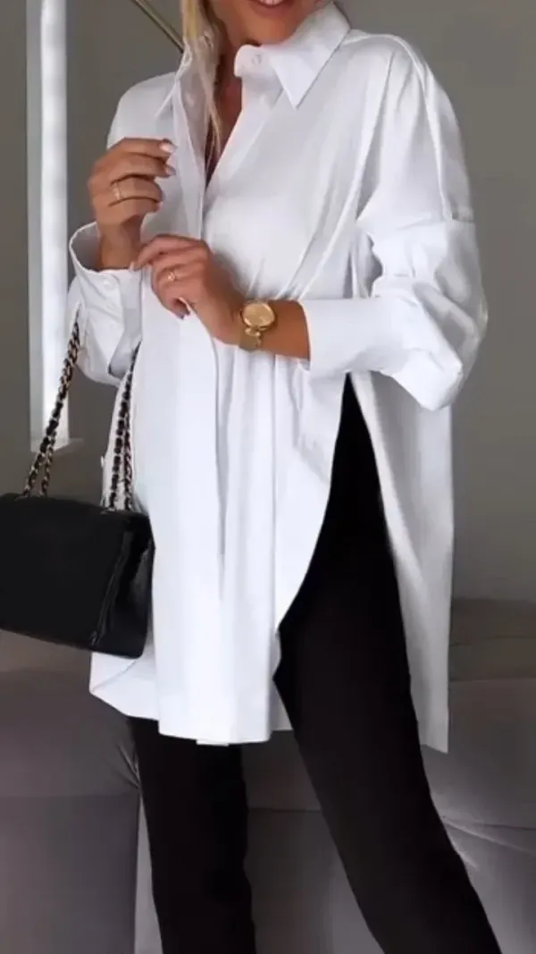 Women White Work Lapel Slit Shirt