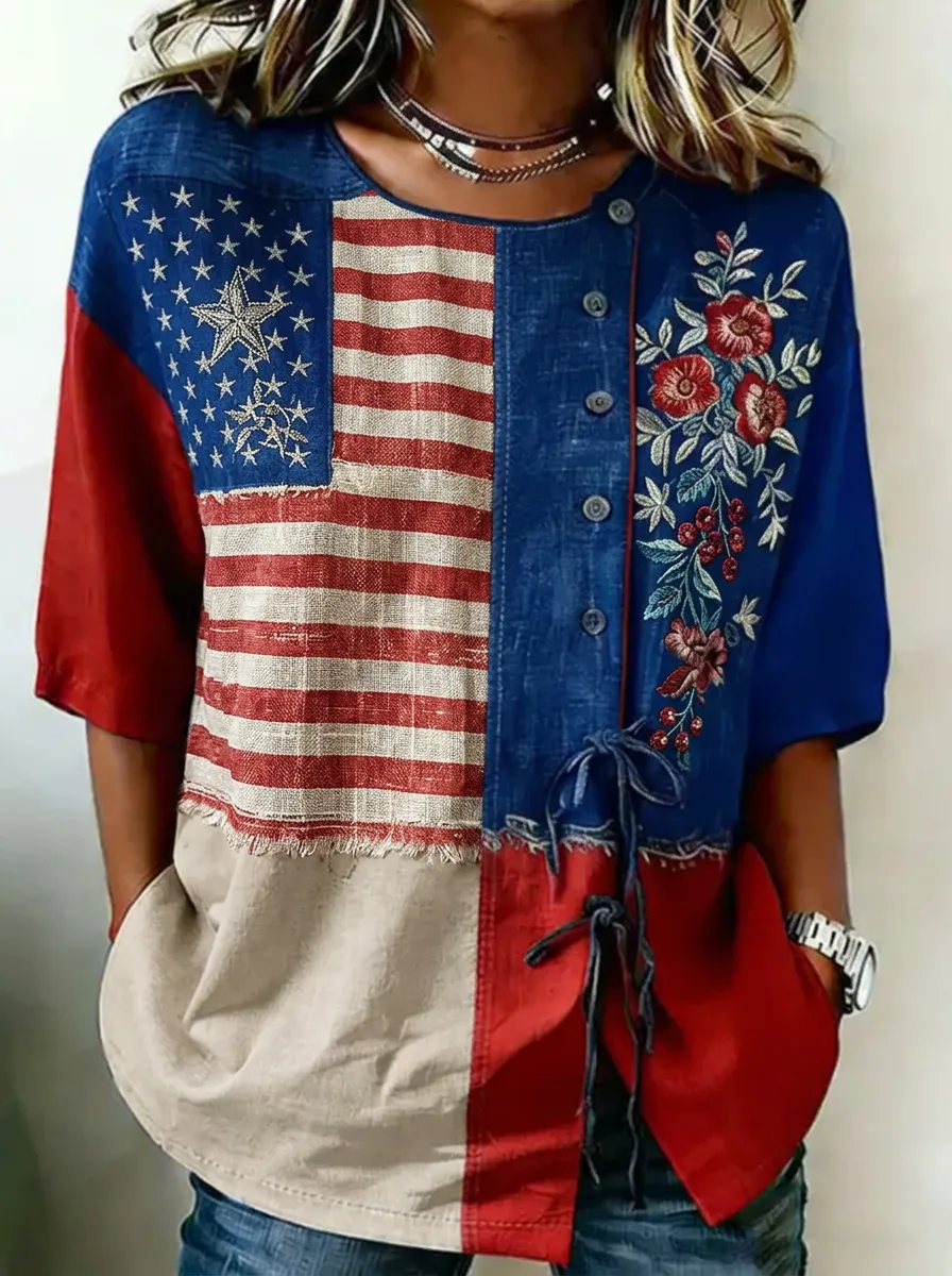 Women's Nashville USA Flag Floral Embroidered Printed Top