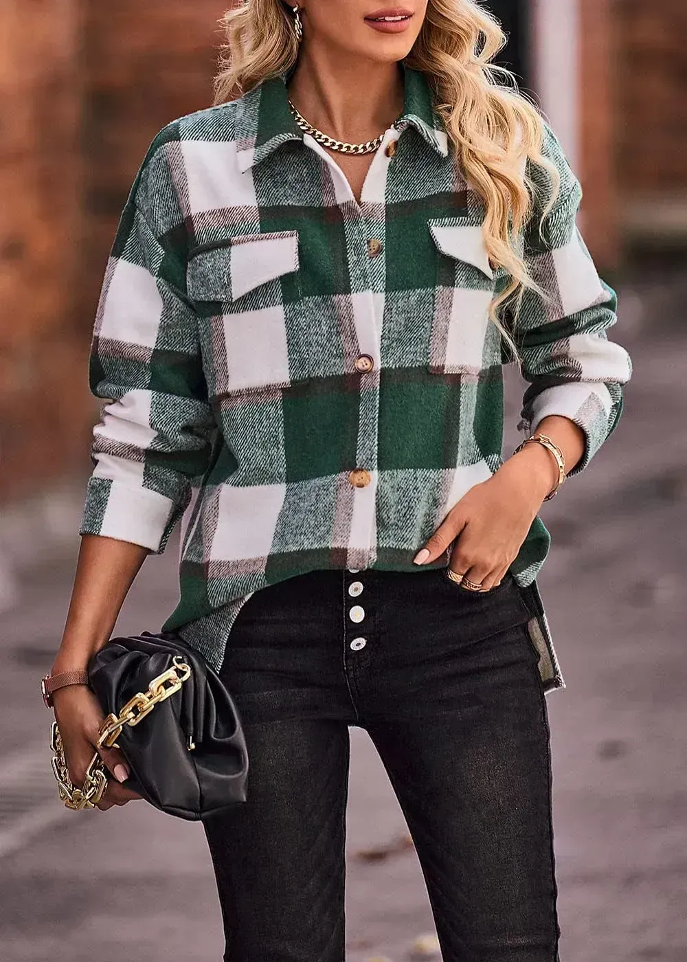 Women's 2023 Fall Clothes Plaid Shacket Jacket Long Sleeve Button Down Flannel Shirts Fashion Blouse