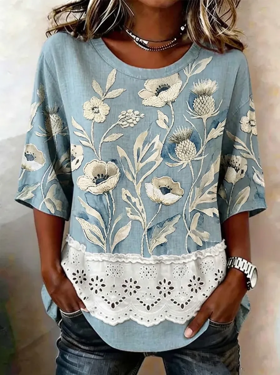 Women's Nashville Floral Thistle Embroidered Printed Top