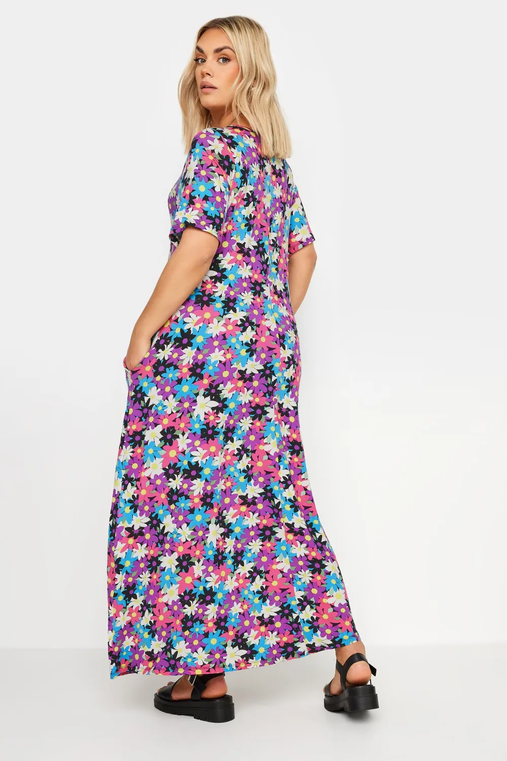 YOURS Curve Black & Pink Floral Print Maxi Dress