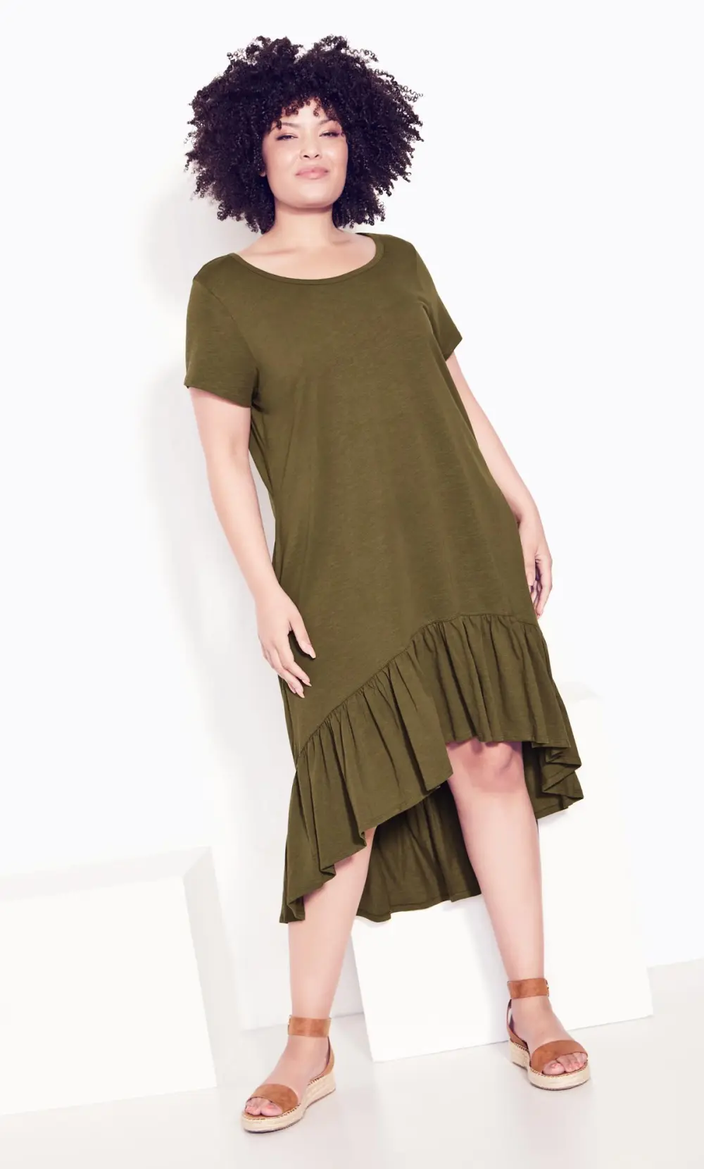 Evans Khaki Green Ruffle Drape Pocket Tunic Dress