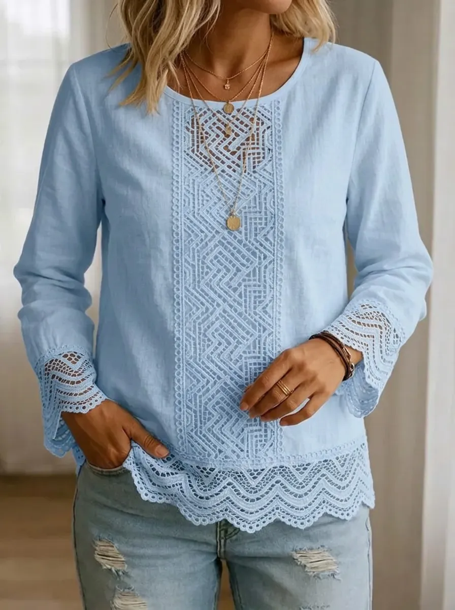 Women's Nashville Country Style Geometric Lace Trim Printed Top