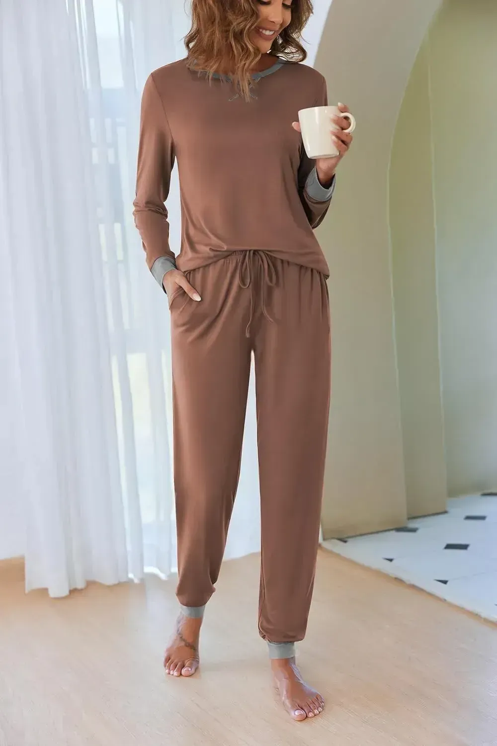 Women's Pajamas Sets Long Sleeve with Plaid Pants Soft Sleepwear O Neck 2 Piece Pjs Joggers Loung Set with Pockets