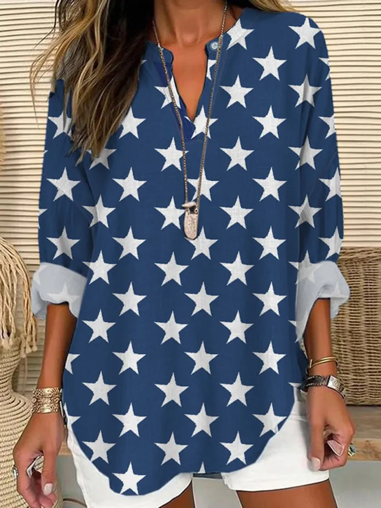 Independence Day Star Print V-Neck Casual Blouse