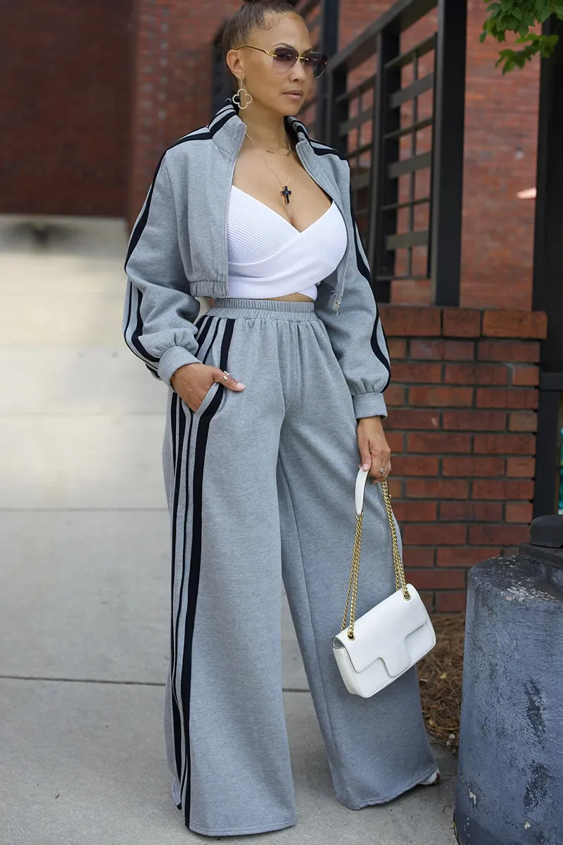 Colorblock Stripe Jacket Wide Leg Pants Casual 2pcs Set-Blue