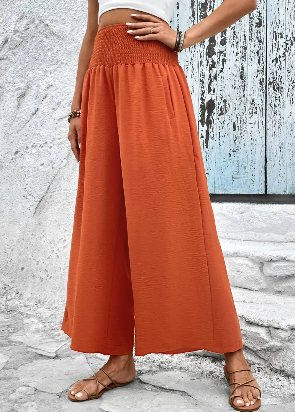Brick Red Smocked Elastic Waist High Waisted Pants