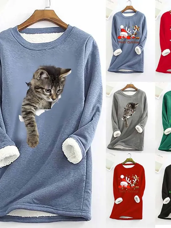 Women's Sweatshirt Pullover Fleece Vintage Sports Sherpa Fleece Black Pink Blue Cat Street Casual Round Neck Plus Size Long Sleeve Top Micro-elastic Fall & Winter