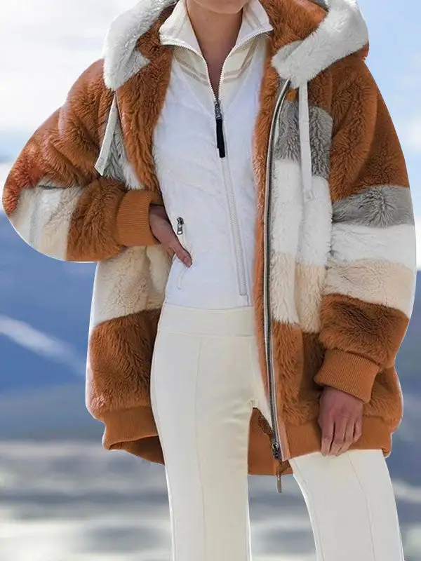 Loose Plush Multicolor Hooded Coat