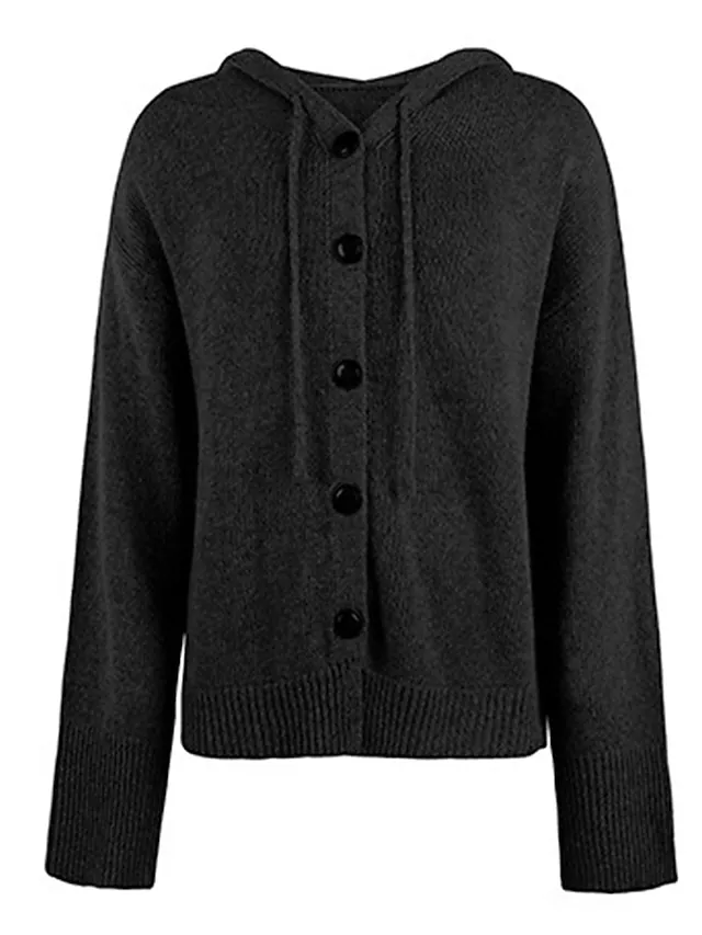 Women's Cardigan Sweater Jumper Ribbed Knit Regular Button Solid Color Hooded Stylish Casual Outdoor Daily Fall Winter Black White S M L