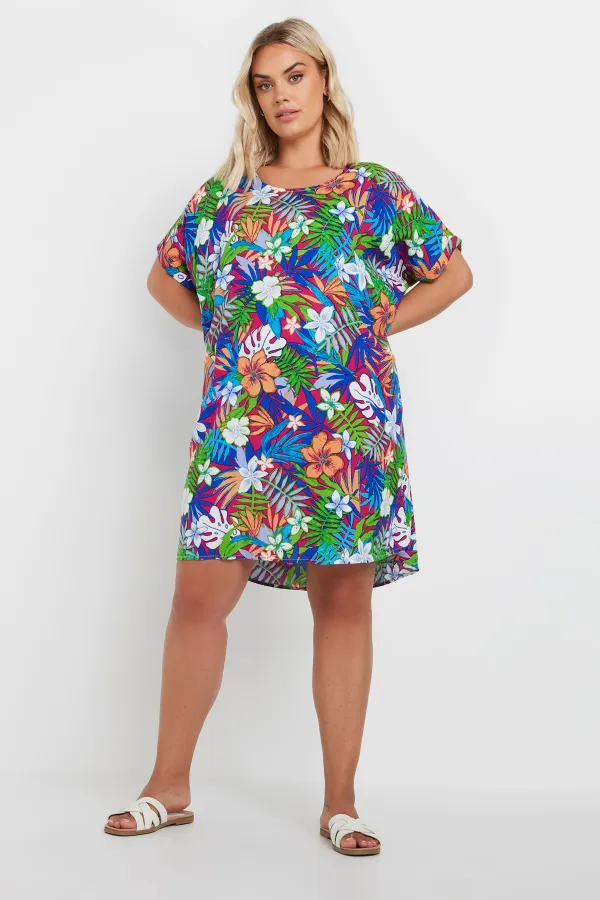 YOURS Curve Blue & Green Tropical Print Tunic Dress
