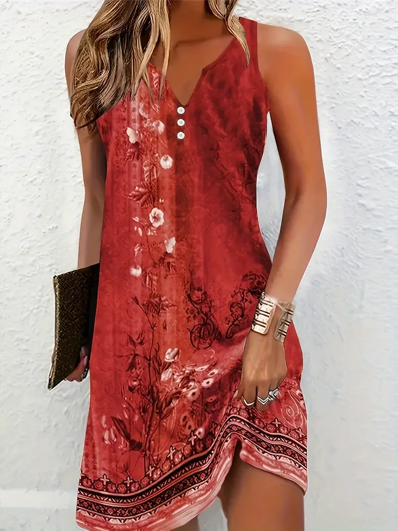Floral Print Sleeveless Dress, Casual Notched Neck Midi Dress, Women's Clothing