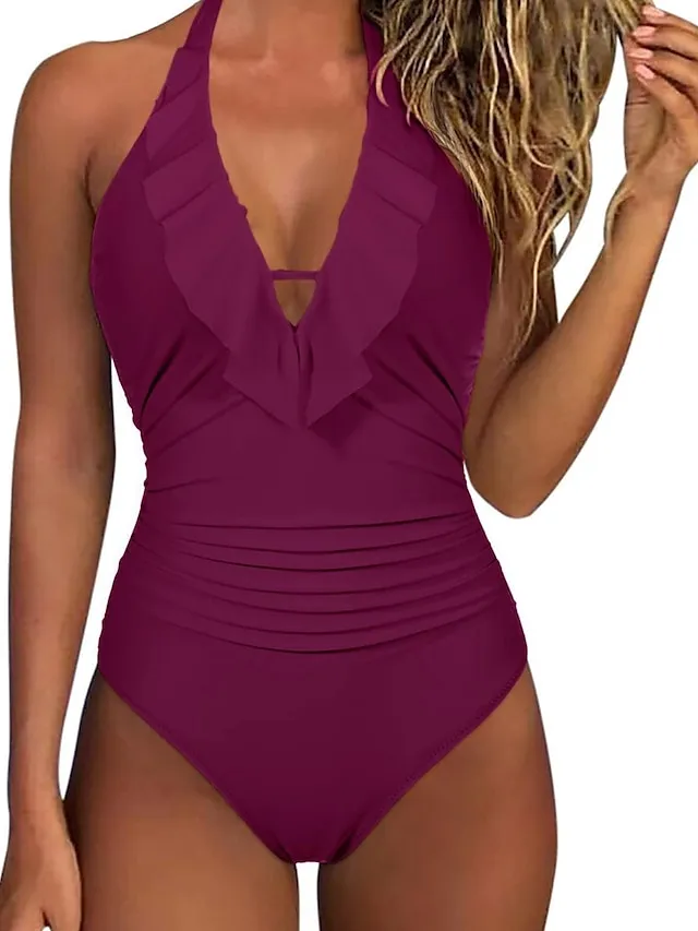 Women's Swimwear One Piece Normal Swimsuit Ruffle Tummy Control Plain Black Green Rose Red Bodysuit Bathing Suits Sports Beach Wear Summer