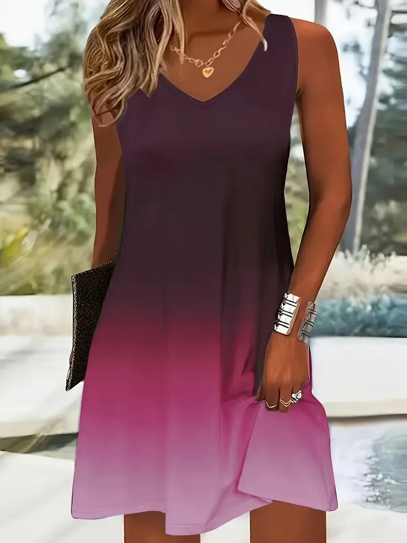 Holiday Cheer, Elegant Gradient Sleeveless Midi Dress for Women - Casual V-Neck, Polyester and Spandex Blend, Perfect for All Seasons, Machine Washable