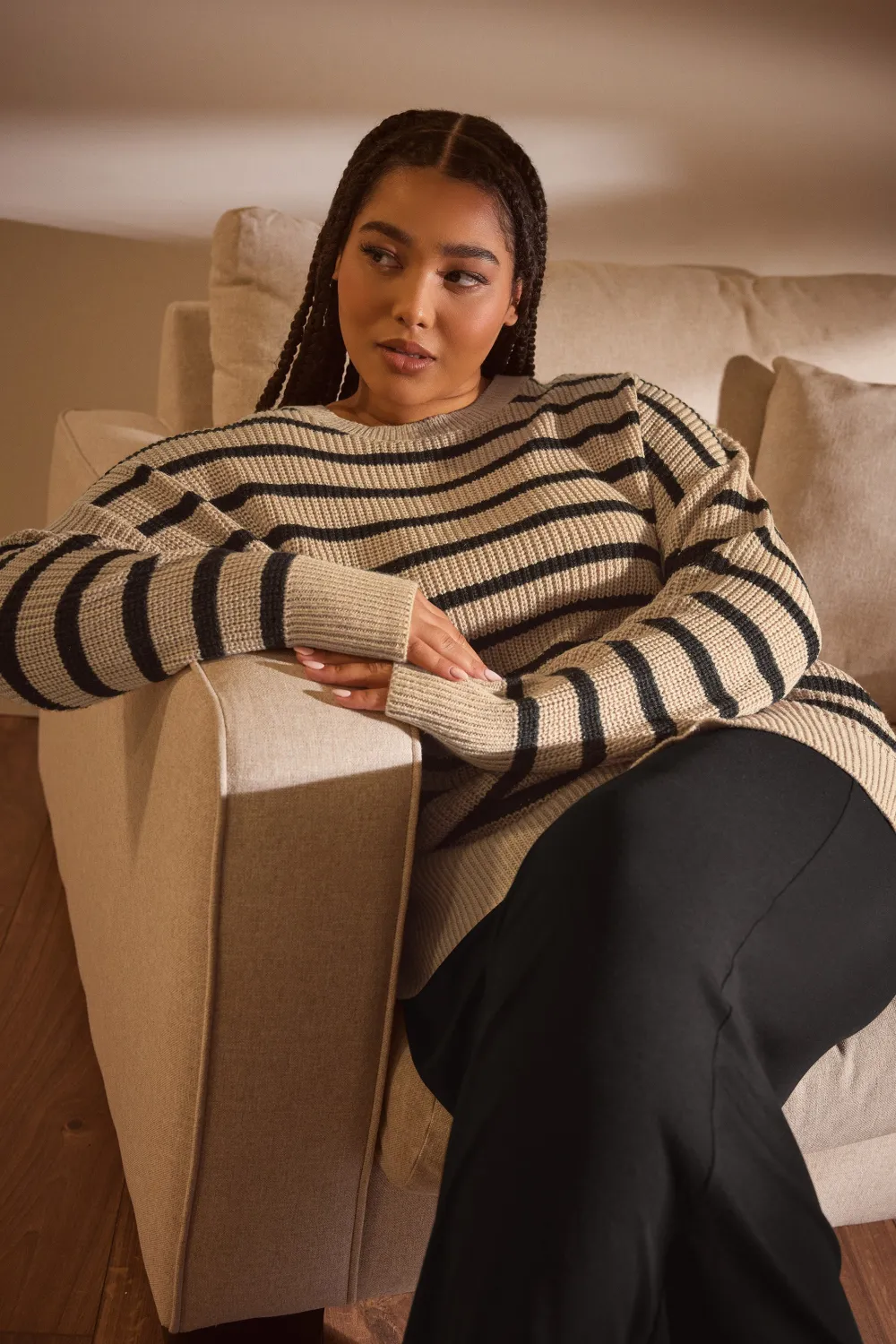 YOURS Curve Beige Brown Stripe Drop Shoulder Knitted Jumper