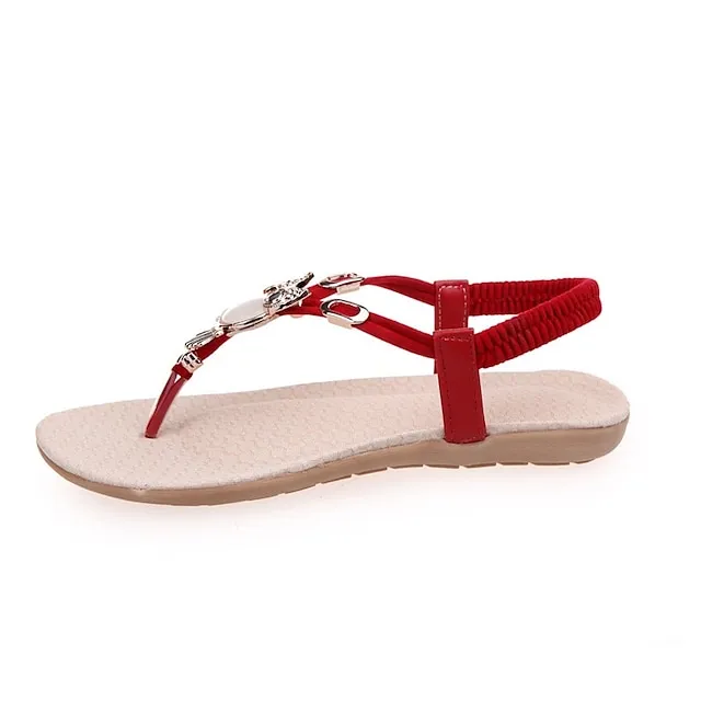 Women's Sandals Boho Bohemia Beach Flat Sandals Plus Size Party Daily Summer Flat Heel Round Toe Elegant Sexy Sweet PU Leather Loafer Solid Colored Black Red Blue