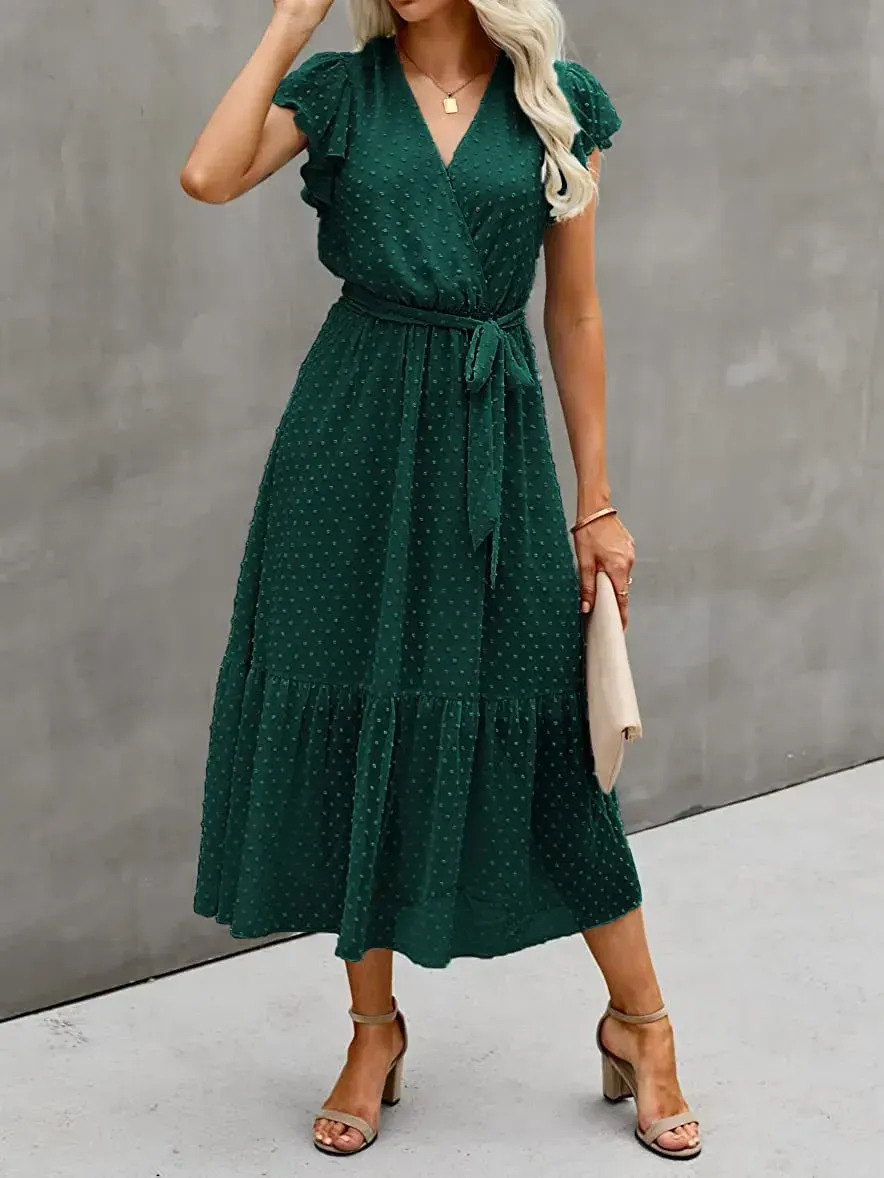 Women Summer Bohemian Floral Casual Wrap V Neck Ruffle Cap Sleeveless Belt A-Line Pleated Hem Swing Midi Sun Dress