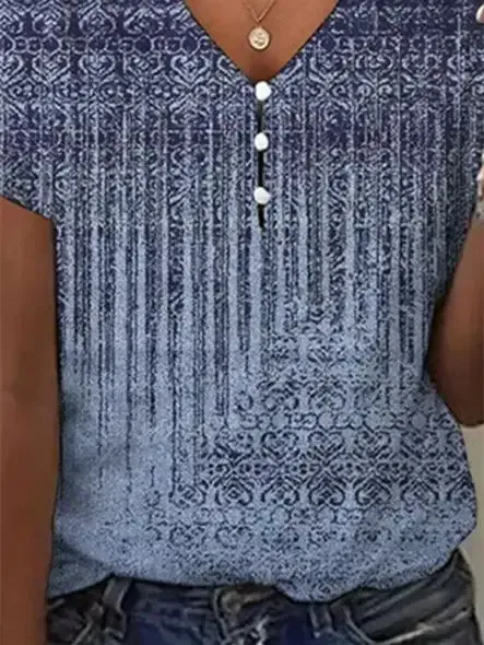 Women's Graphic Printed Hollow Short Sleeve V-neck Top