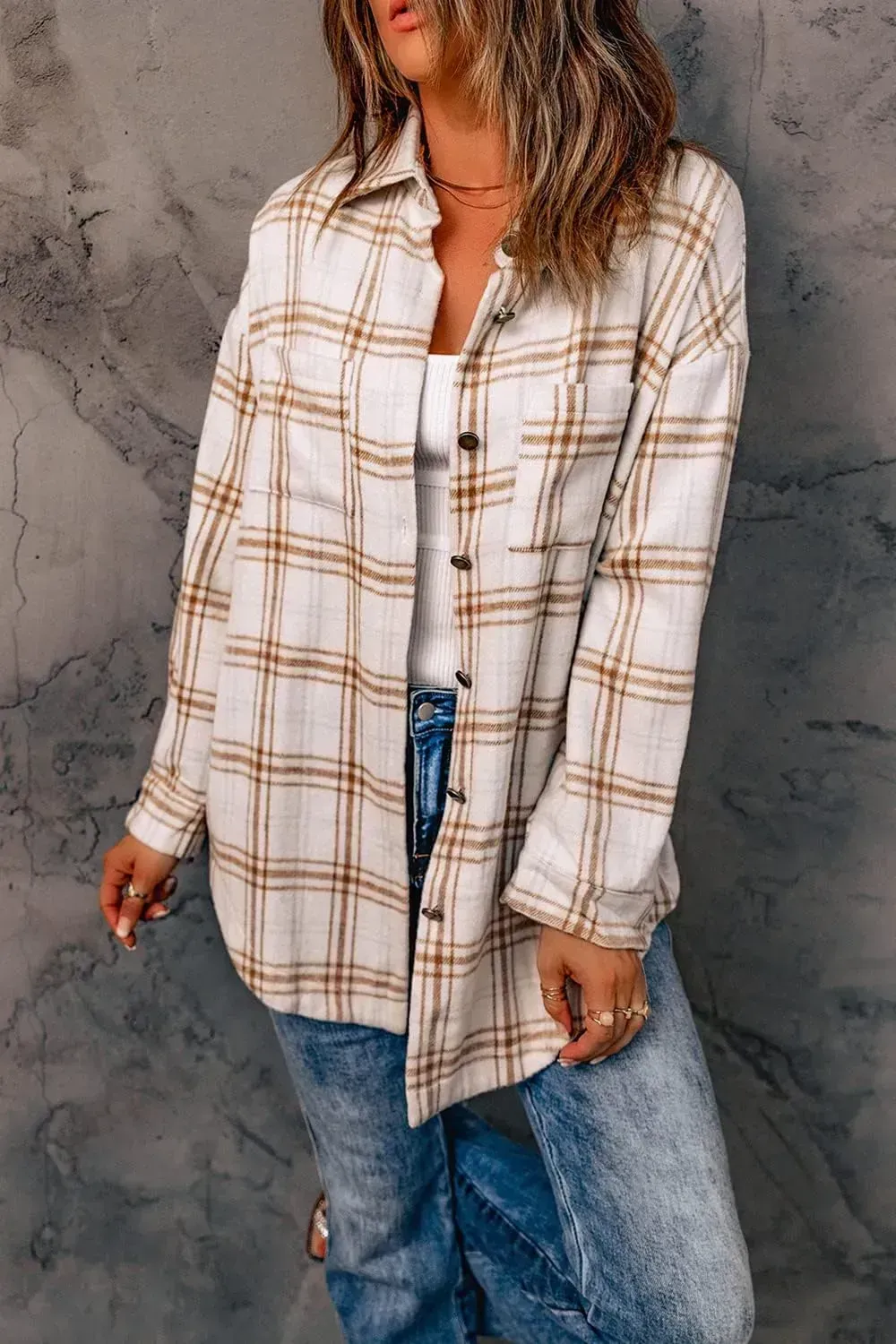 Women's 2023 Fall Clothes Plaid Shacket Jacket Long Sleeve Button Down Flannel Shirts Fashion Blouse