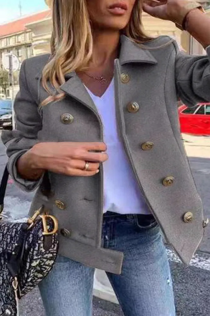 Solid Double Breasted Suit Collar Coat