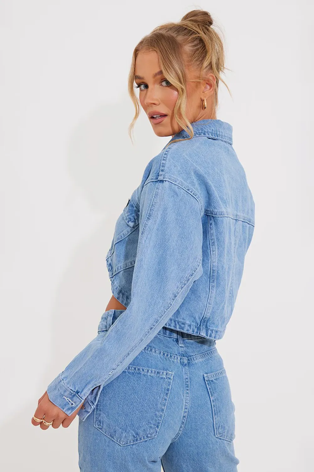 Light Blue Wash Seam Front Detail Straight Leg Denim Jeans Set