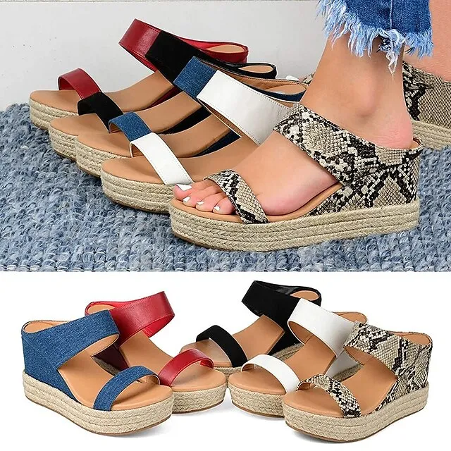 Women's Sandals Wedge Sandals Espadrille Espadrilles Outdoor Daily Summer Platform Wedge Heel Open Toe Casual Faux Leather Loafer Animal Patterned Snake Black / White Black White