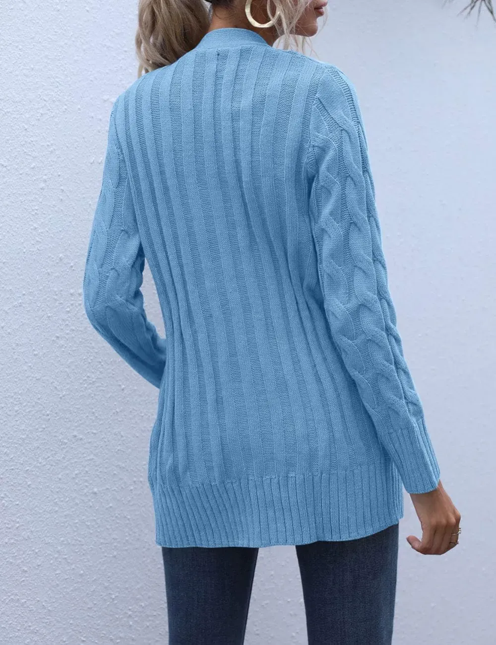 MEROKEETY Women's 2024 Fall Long Sleeve Cable Knit Sweater Open Front Cardigan Button Loose Outerwear