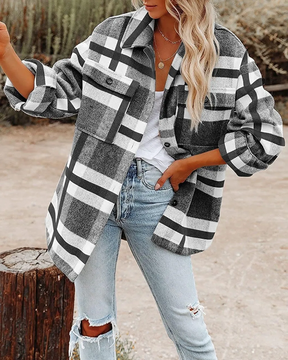 Women's Flannel Plaid Shacket Long Sleeve Button Down Chest Pocketed Shirts Jacket Coats